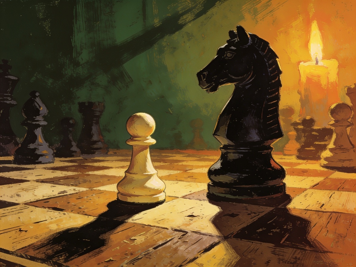 A painting of a lone ivory pawn facing a towering ebony knight on a candlelit wooden chessboard.