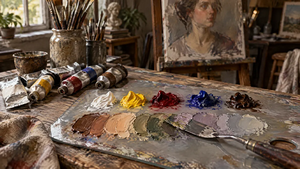 An oil painting of a glass palette with five piles of paint and a palette knife pulling them into a string of mixed colors.