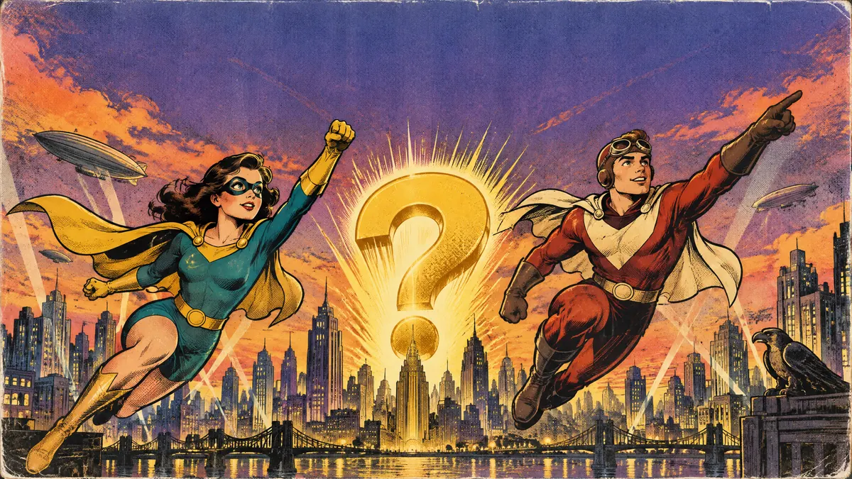 Two masked pulp-comic heroes soar over an art-deco city at dusk toward a giant glowing golden question mark.